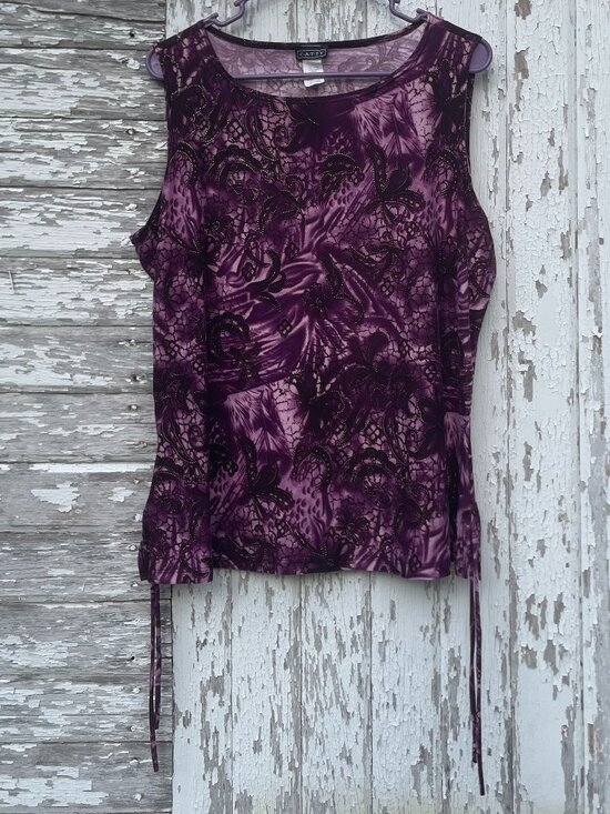 CATTY Tops - Catty Purple Paisley Gold Texture Accent Side Tie Tank Size 3X ~ XL Fit